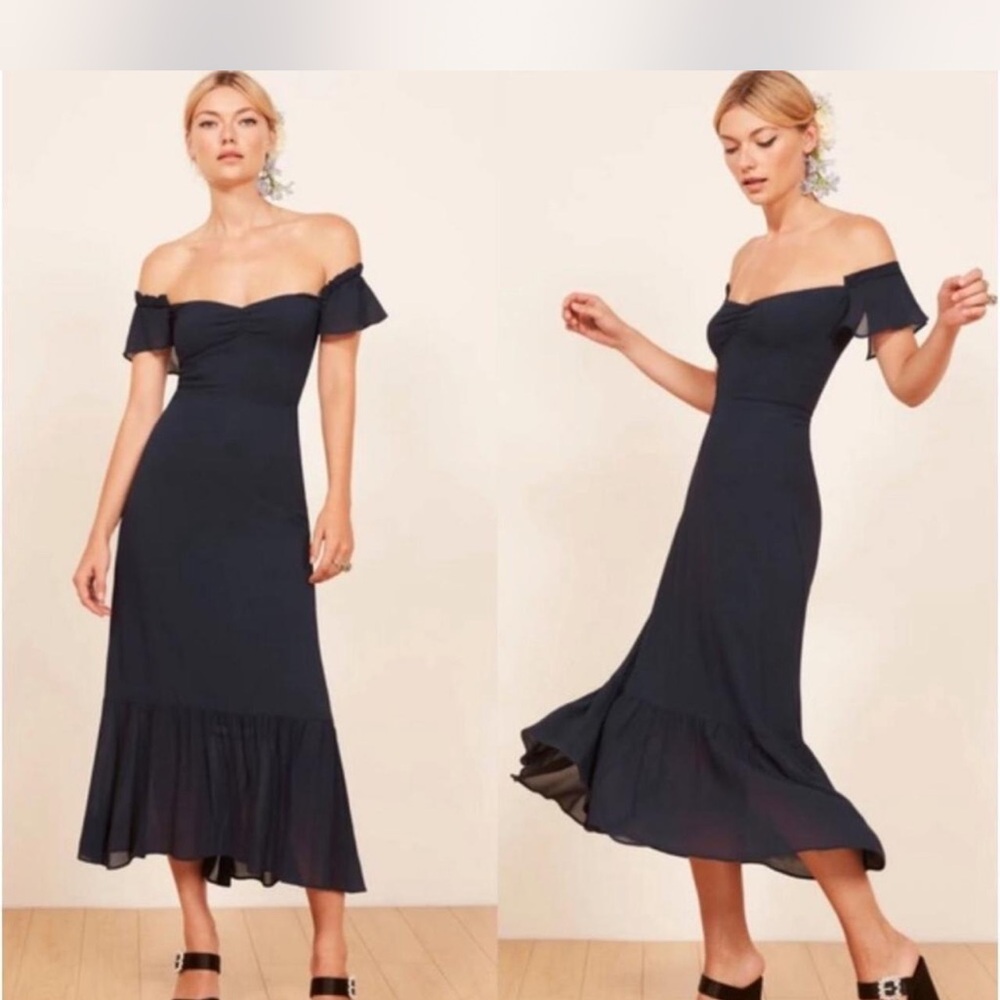 Reformation Butterfly Navy Off-Shoulder Dress